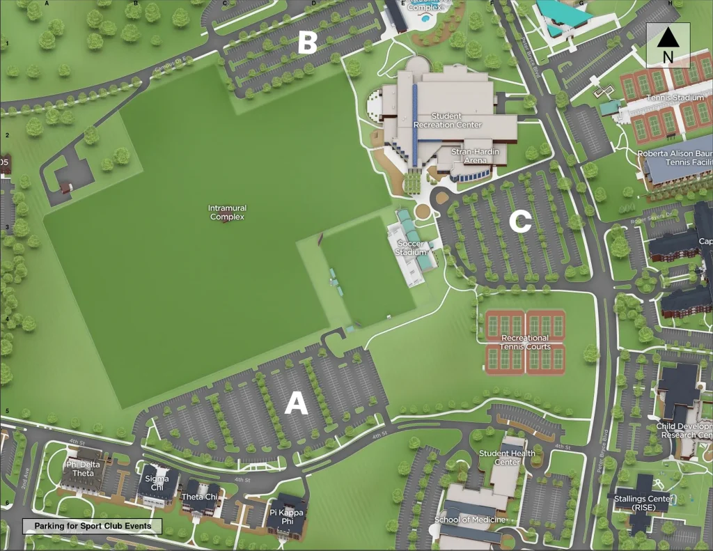 Parking lots A, B, and C near the Student Recreation Center and fields